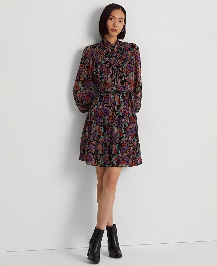 Lauren Ralph Lauren Floral Belted Crinkle Georgette Dress - Macy's