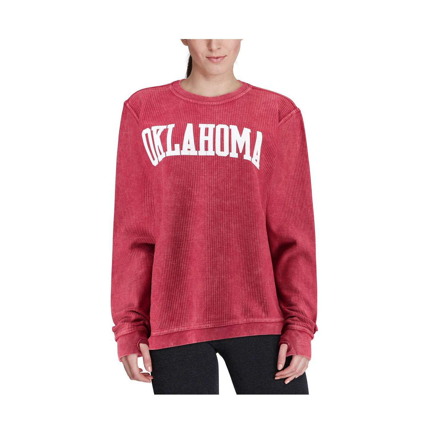 Women's Crimson Oklahoma Sooners Comfy Cord Vintage-Like Wash Basic Arch Pullover Sweatshirt