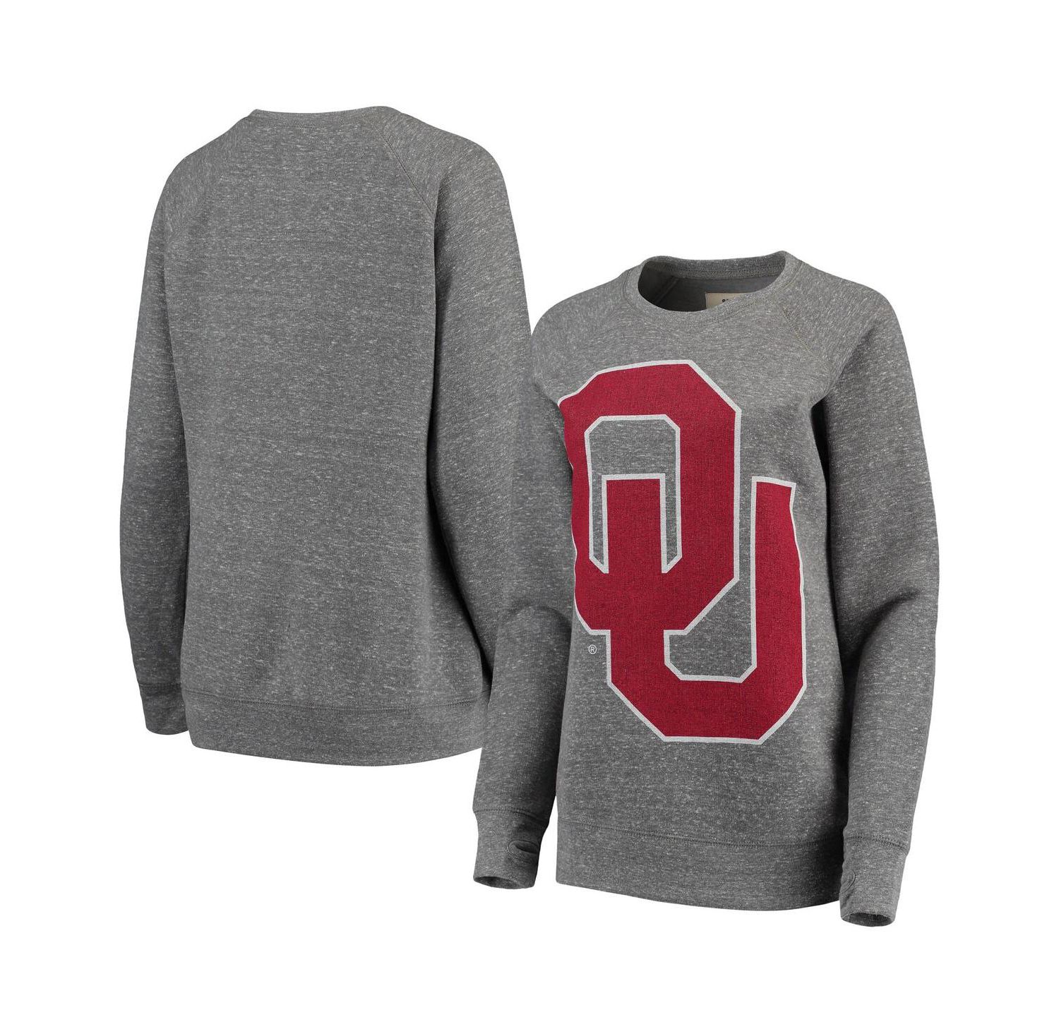 Women's Heathered Gray Oklahoma Sooners Big Team Logo Knobi Fleece Tri-Blend Crew Neck Sweatshirt