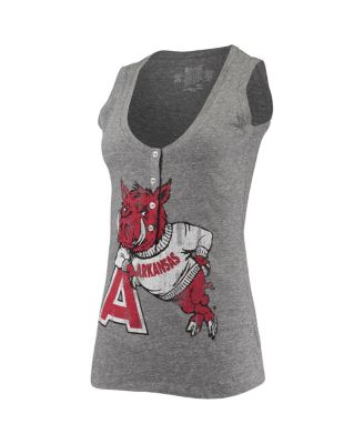 Women's Heathered Gray Arkansas Razorbacks Relaxed Henley Tri-Blend V-Neck Logo Tank Top
