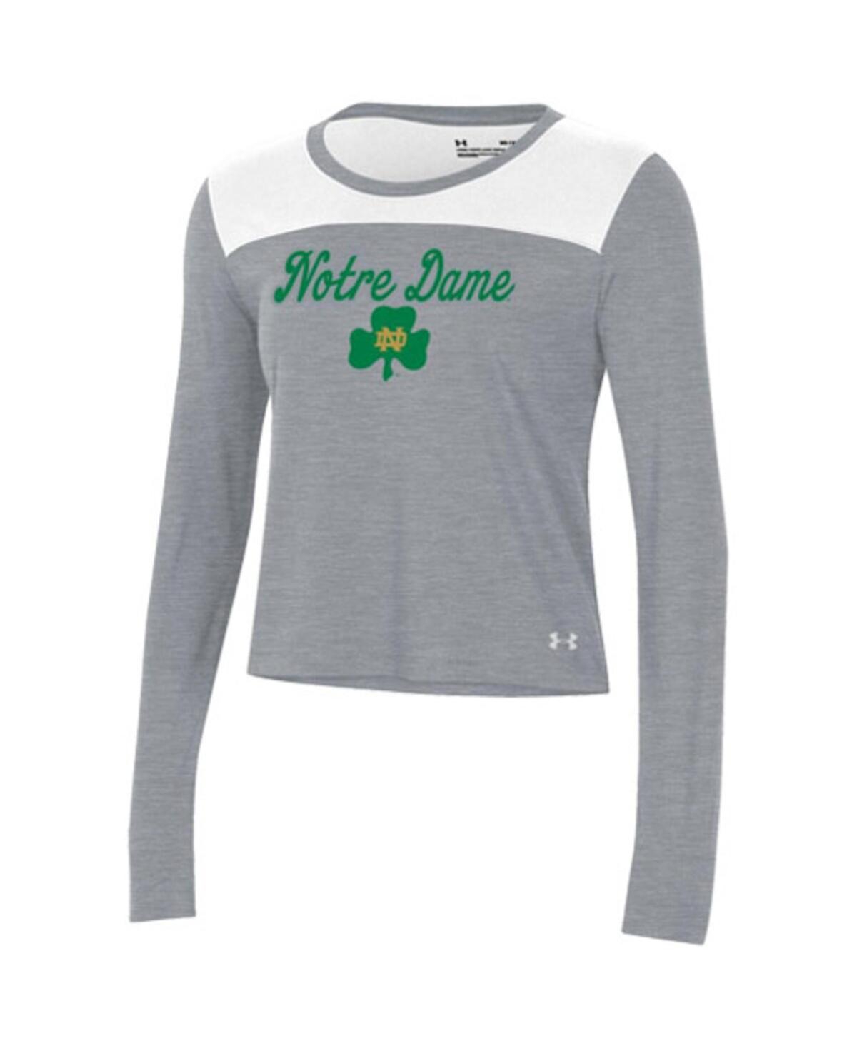 Shop Under Armour Women's  White And Gray Notre Dame Fighting Irish Vault Cropped Long Sleeve T-shirt In White,gray