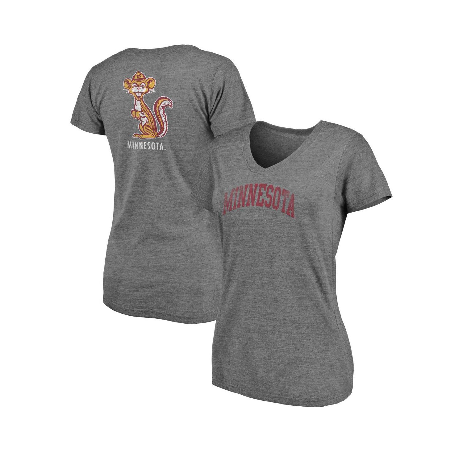 Women's Heathered Gray Minnesota Golden Gophers Slab Serif 2-Hit V-Neck Tri-Blend T-shirt
