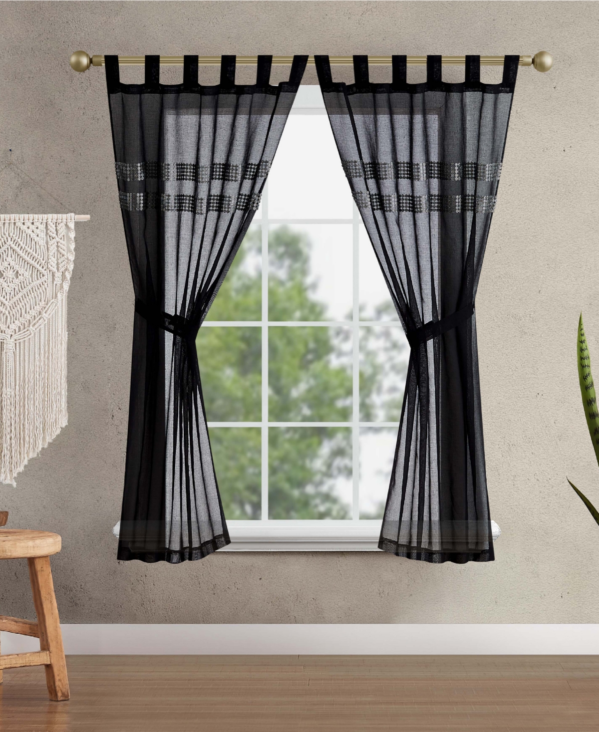 Jessica Simpson Milly Bling Sheer Tab Top Window Curtain Panel Pair With Tiebacks, 38" X 63" In Black