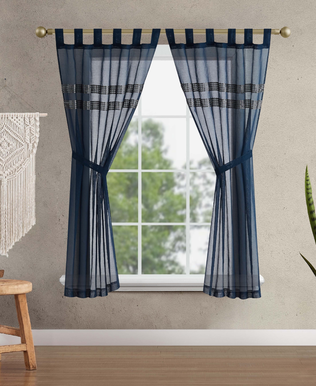Jessica Simpson Milly Bling Sheer Tab Top Window Curtain Panel Pair With Tiebacks, 38" X 63" In Indigo Blue