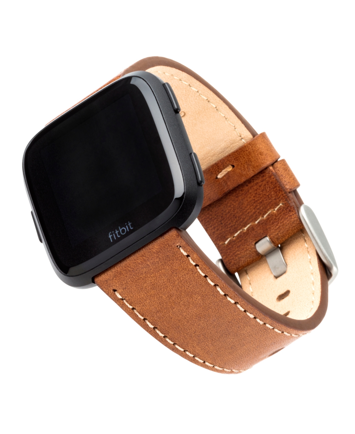 Brown Premium Leather Band with White Stitching Compatible with the Fitbit Versa and Fitbit Versa 2 - Brown