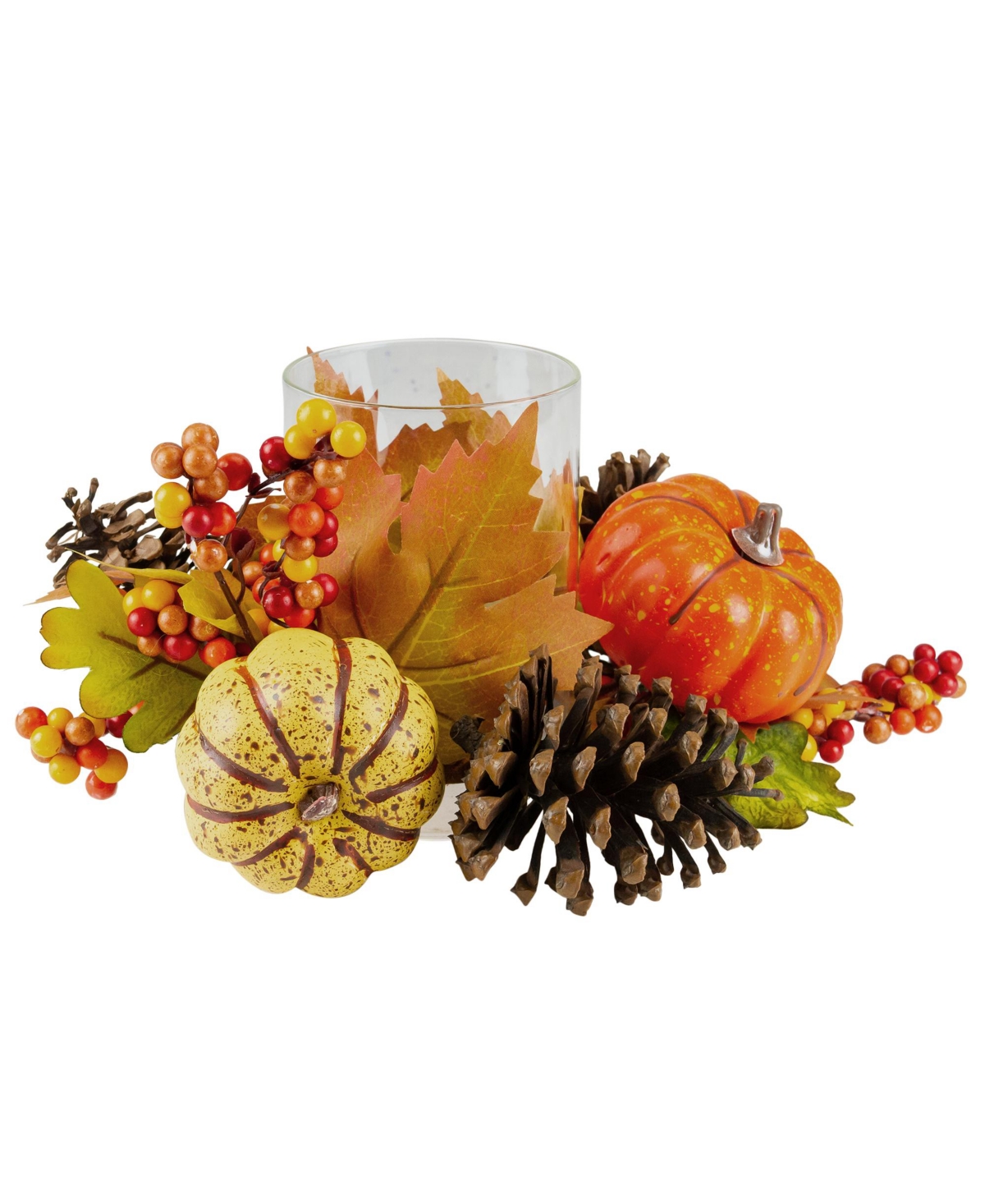 Pumpkin Berry and Pine Cone Fall Harvest Tea Light Candle Holder, 10" - Orange