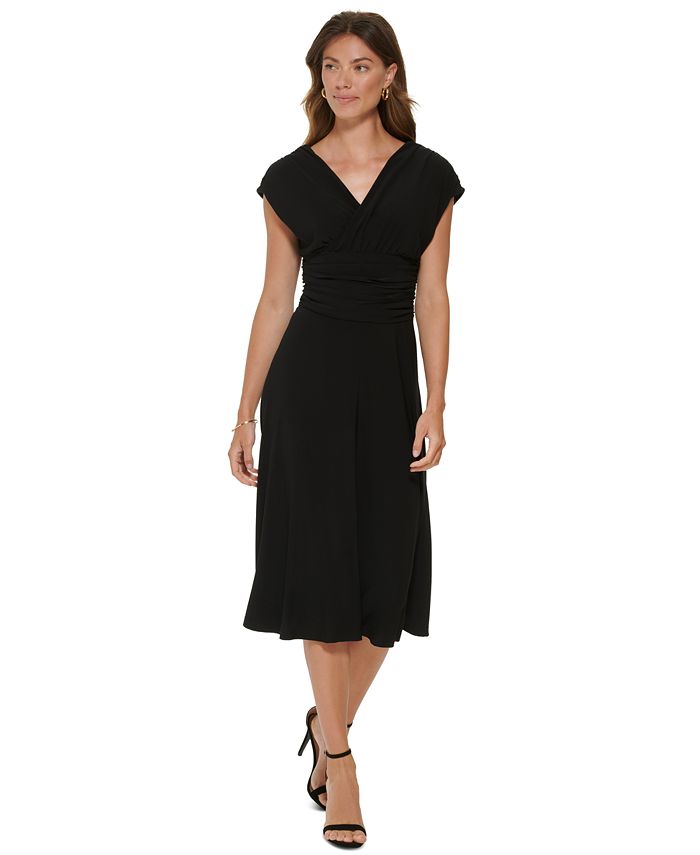 DKNY Ruched V-Neck Midi Dress - Macy's