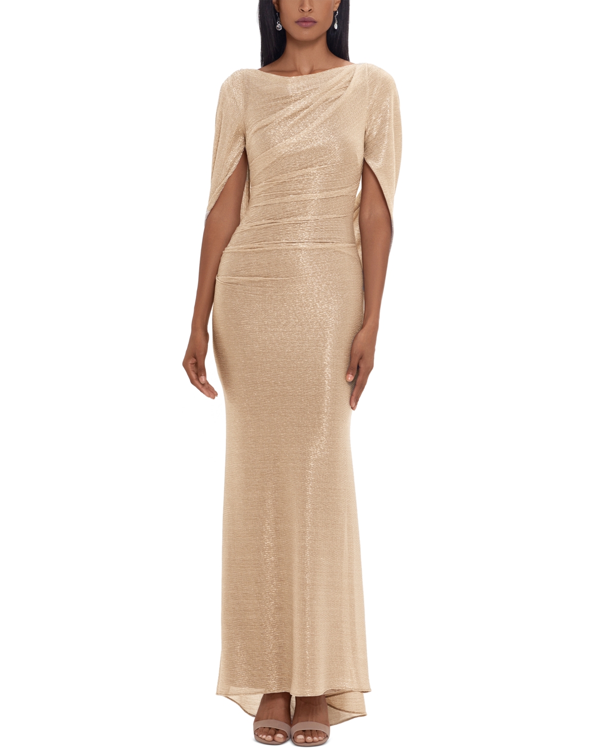 Betsy & Adam Metallic Cape Gown In Gold,silver