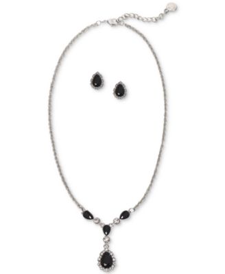 Charter Club - Silver-Tone Crystal Pear-Shape Halo Lariat Necklace & Stud Earrings Set