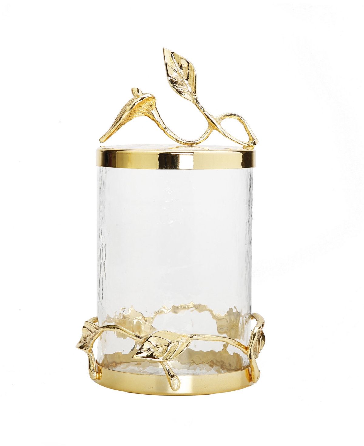Hammered Glass Canister with Leaf Lid Medium - Gold-Tone