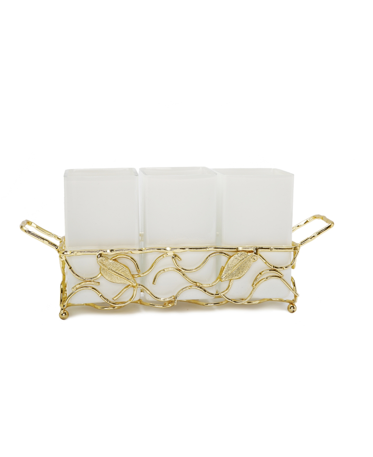 Leaf Cutlery Holder with White Inserts - Gold-Tone