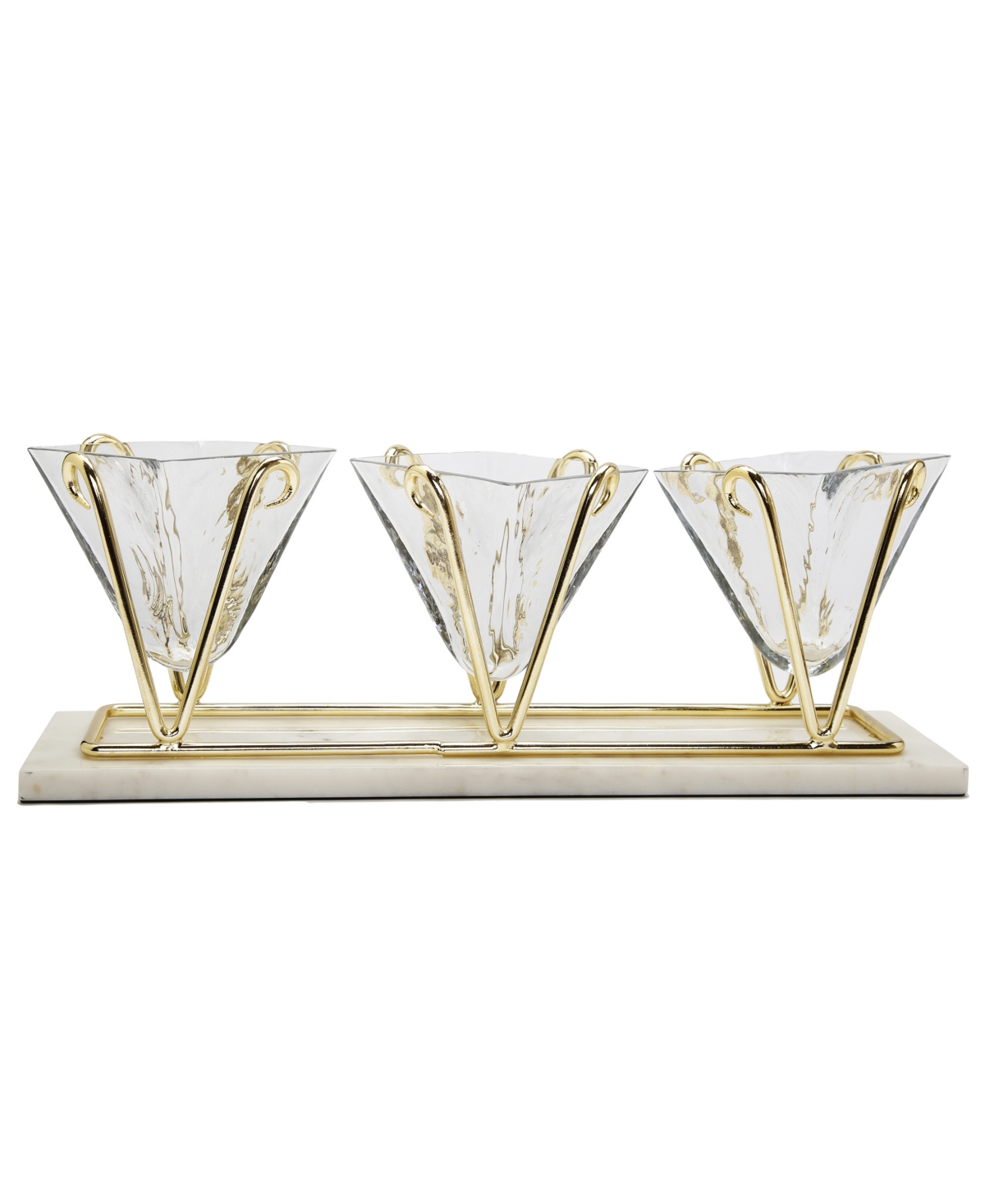 3 Sectional Glass Relish Dish with Brass and Marble Base - Gold-Tone