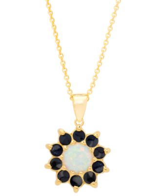 Macy's - Lab-grown Opal (1/5 ct. t.w.) & Sapphire (1/2 ct. t.w.) Halo 18" Pendant Necklace in 14k Gold-Plated Sterling Silver