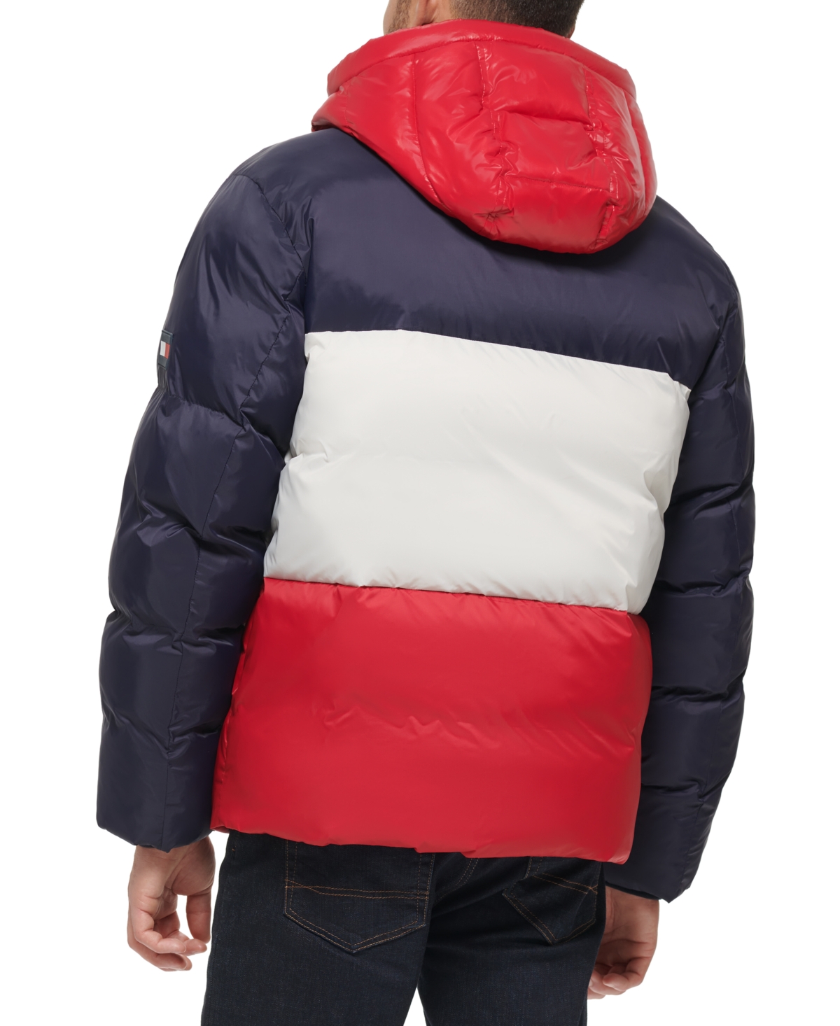 Tommy Hilfiger Men's Colorblock Performance Hooded Puffer Jacket -Ice/Red Combo