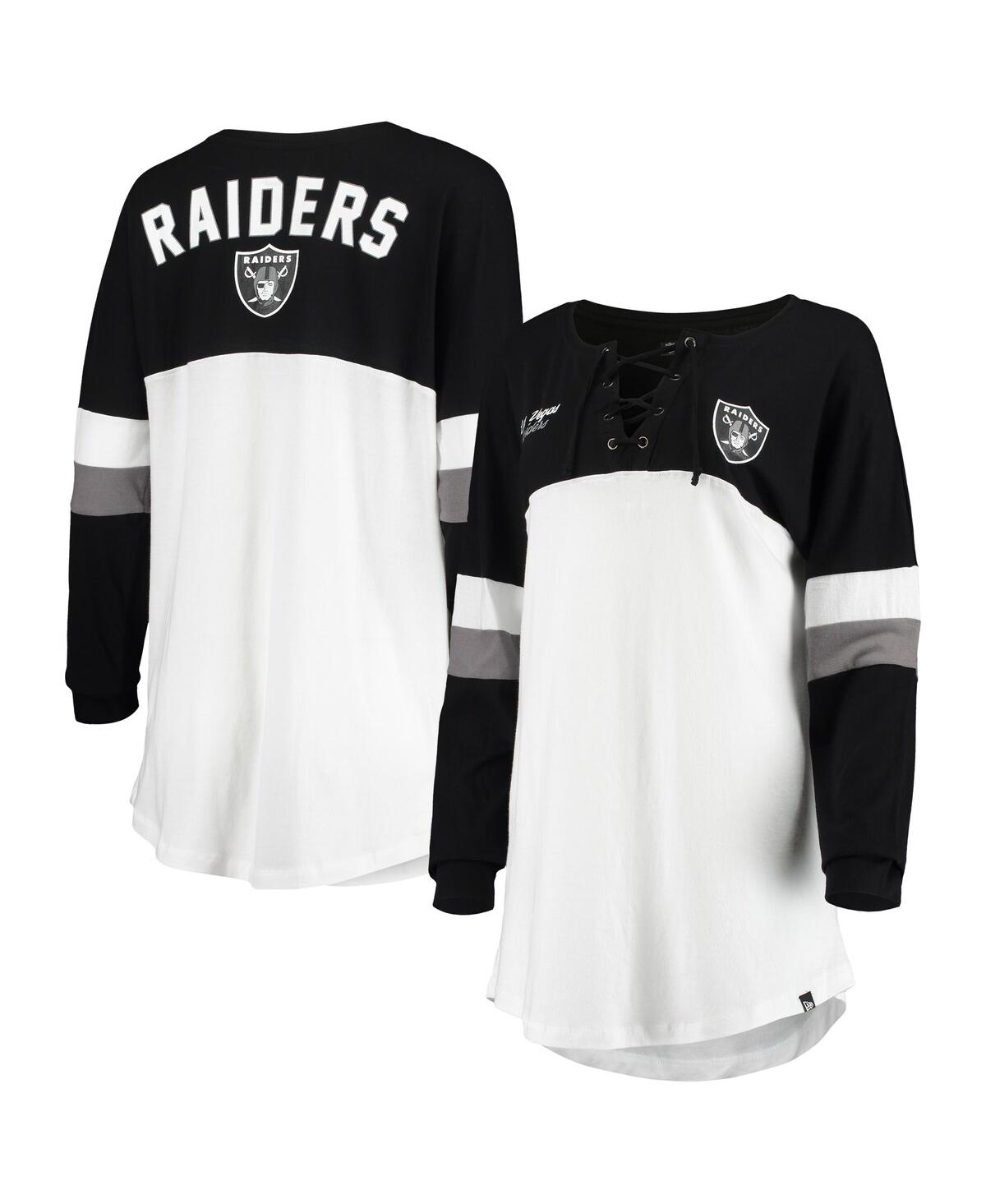 Shop New Era Women's  White, Black Las Vegas Raiders Athletic Varsity Lace-up V-neck Long Sleeve T-shirt In White,black