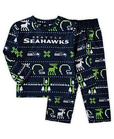 Toddler Boys and Girls Navy Seattle Seahawks Allover Print Long Sleeve 2 piece T-shirt and Pants Holiday Pajamas Sleep Set