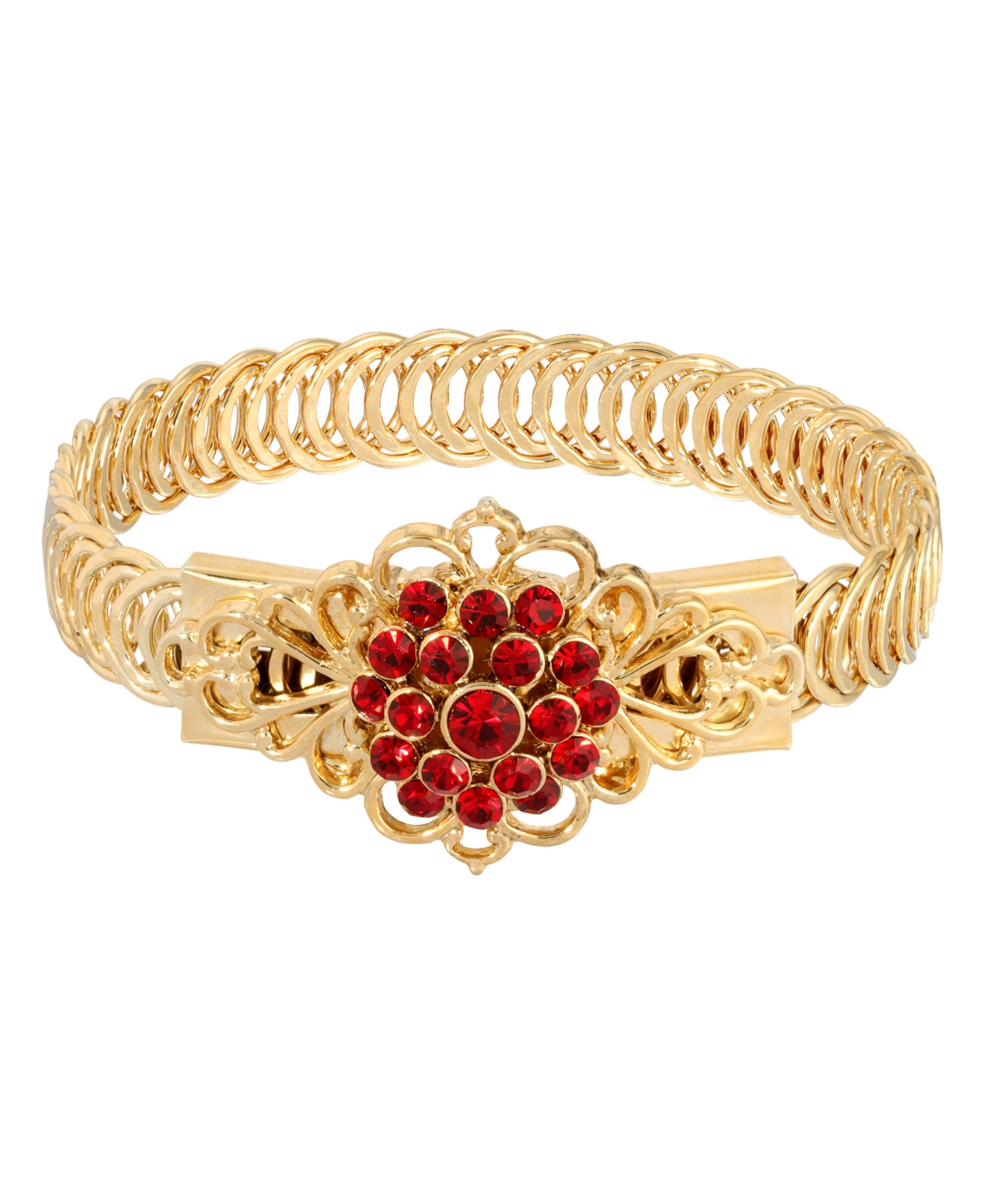 14K Gold-tone Siam Red Flower Overlay Belt Bracelet - Red