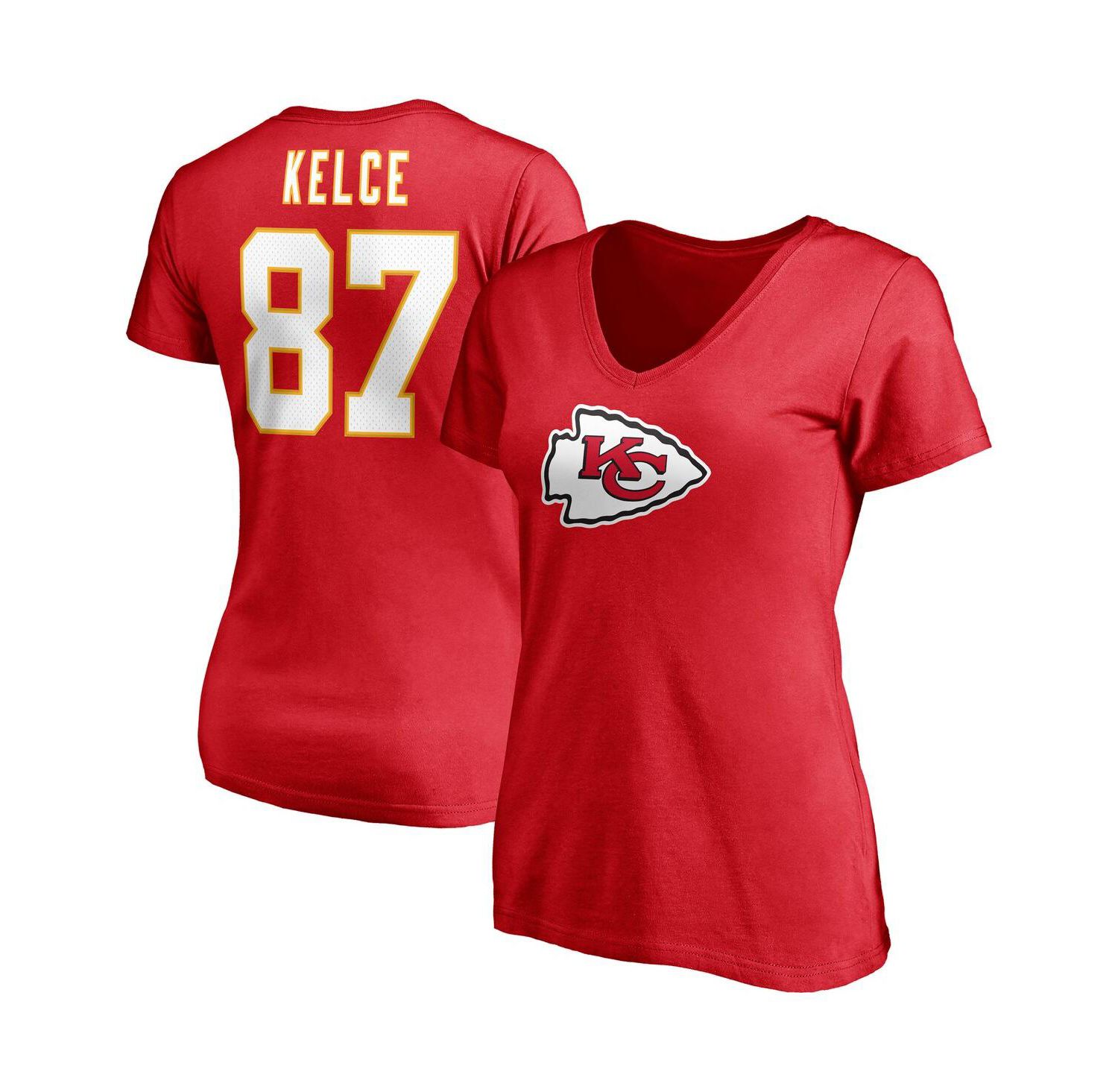 Women's Travis Kelce Red Kansas City Chiefs Player Icon Name and Number V-Neck T-shirt
