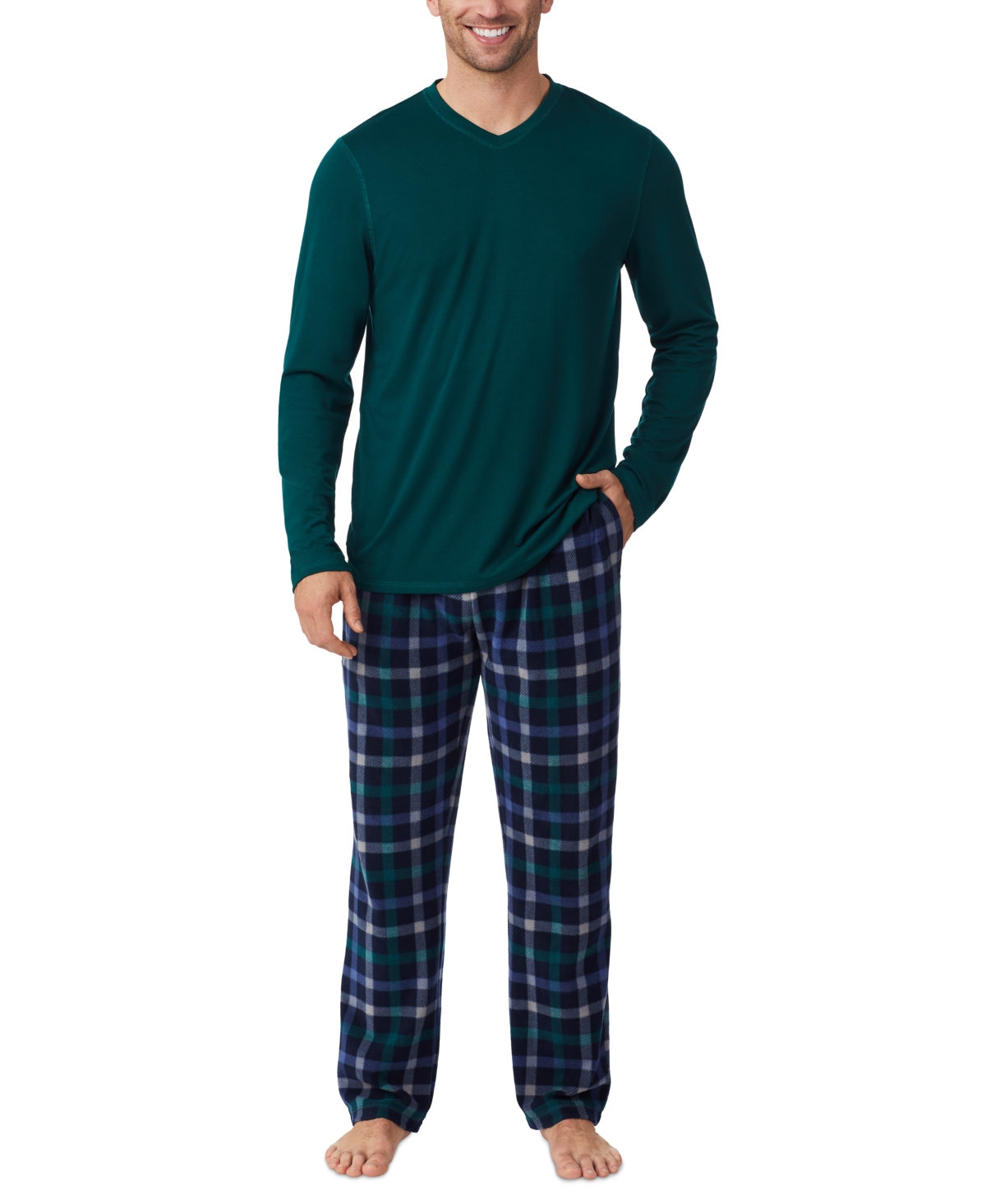 Cuddl Duds Men's Cabin 2-pc. Solid Long-sleeve V-neck T-shirt & Plaid Fleece Pajama Pants Set In Navy,grey Plaid