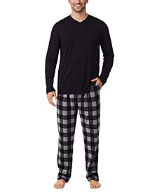 Men's Cabin 2-Pc. Solid Long-Sleeve V-Neck T-Shirt & Plaid Fleece Pajama Pants Set