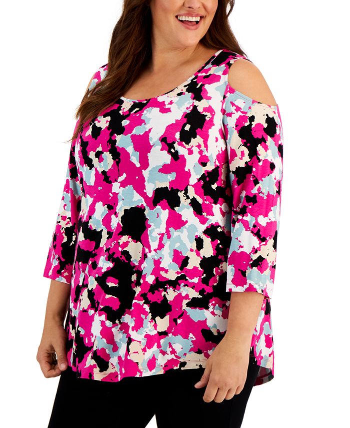 JM Collection Plus Size Printed Cold-Shoulder Top, Created for Macy's ...