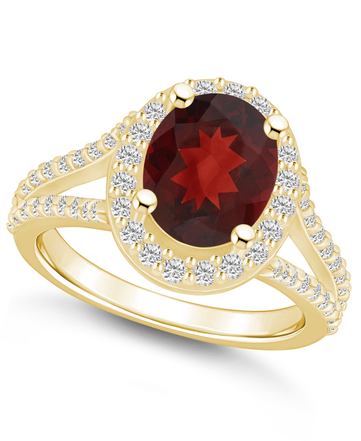 Macy's Garnet (3-1/10 Ct. T.w.) And Diamond (3/4 Ct. T.w.) Halo Ring In 14k Yellow Gold In Red