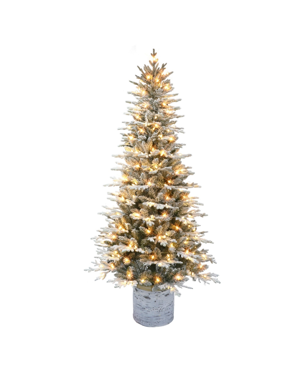 Puleo 7.5' Pre-lit Potted Flocked Arctic Fir Tree With 250 Warm White Led Lights And Birch Wood Look Base, In Green