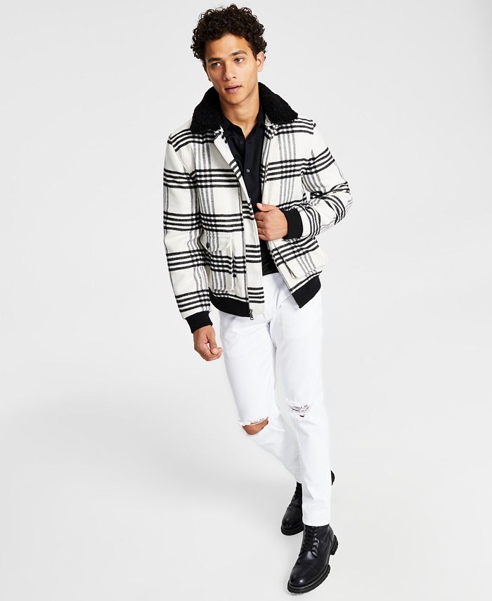 Mens plaid jacket new arrivals with fur collar
