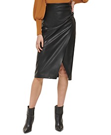Women's Faux-Leather Ruched-Side Midi Skirt