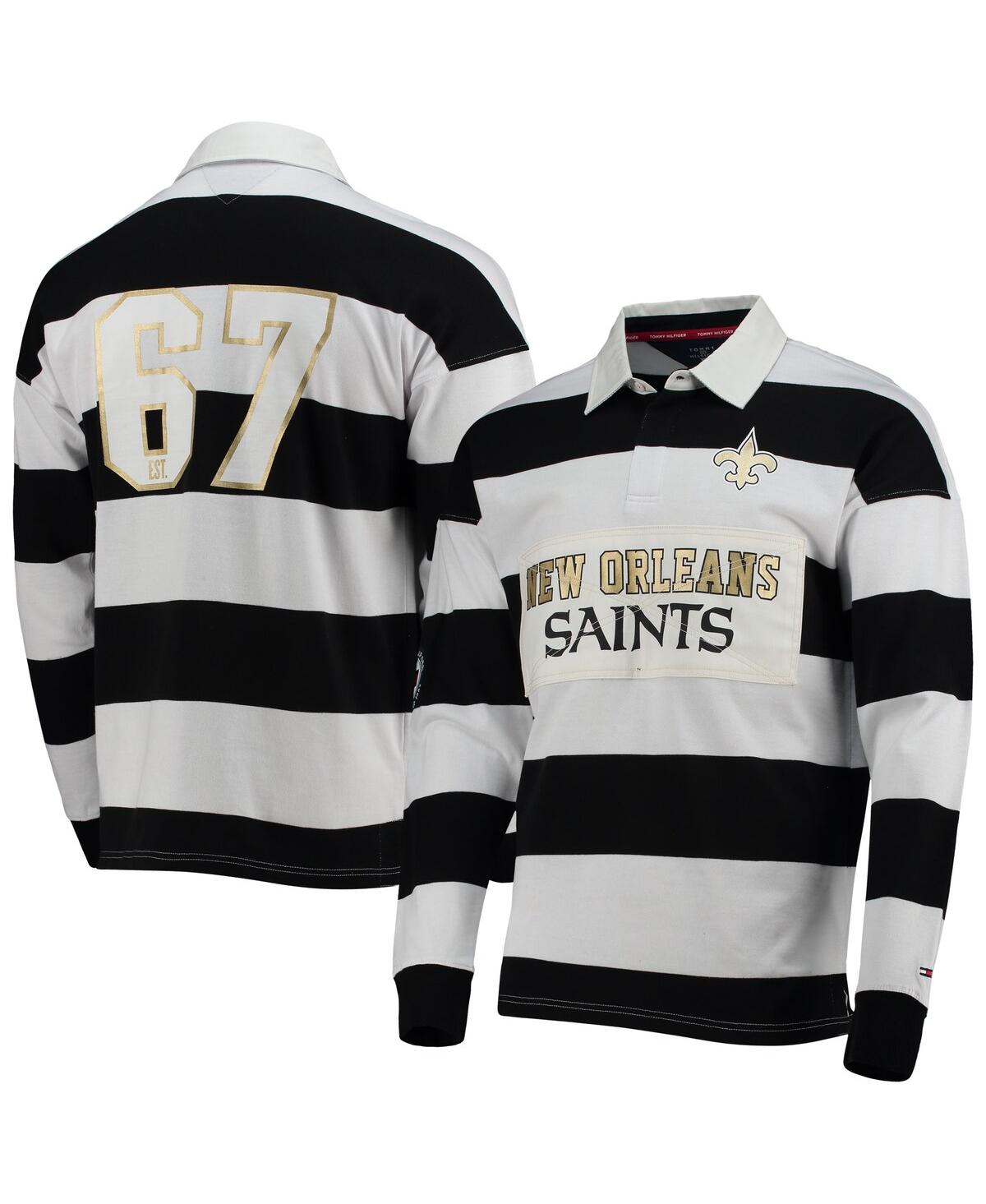 Men's Tommy Hilfiger Black, White New Orleans Saints Varsity Stripe Rugby Long Sleeve Polo Shirt