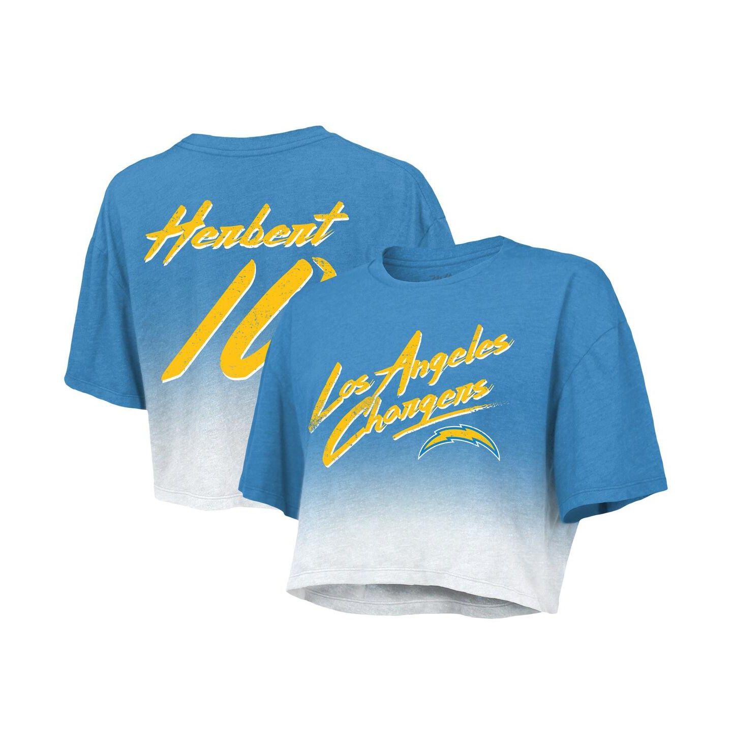 Женская футболка Majestic Threads Justin Herbert Powder Blue, White Los Angeles Chargers Drip-Dye Player Name and Number Tri-Blend Crop — фото 2