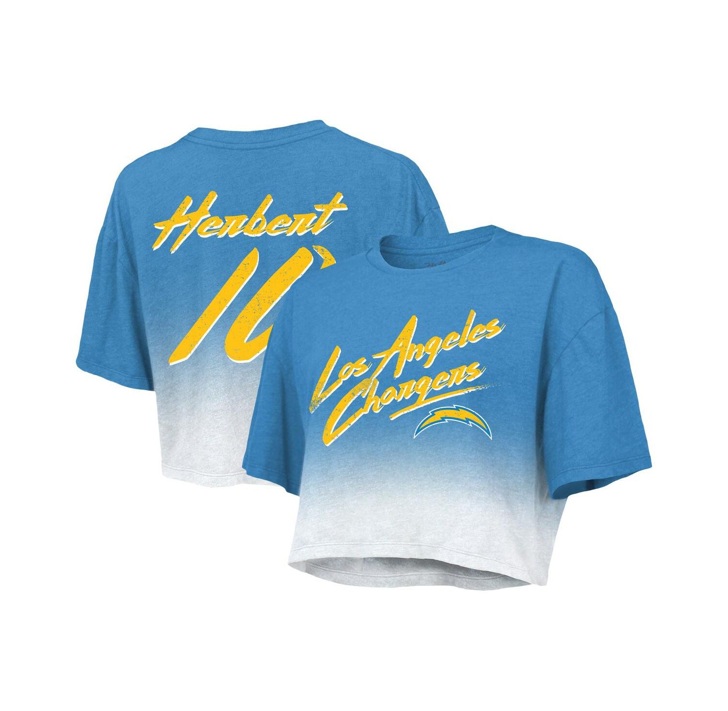 Women's Threads Justin Herbert Powder Blue, White Los Angeles Chargers Drip-Dye Player Name and Number Tri-Blend Crop T-shirt