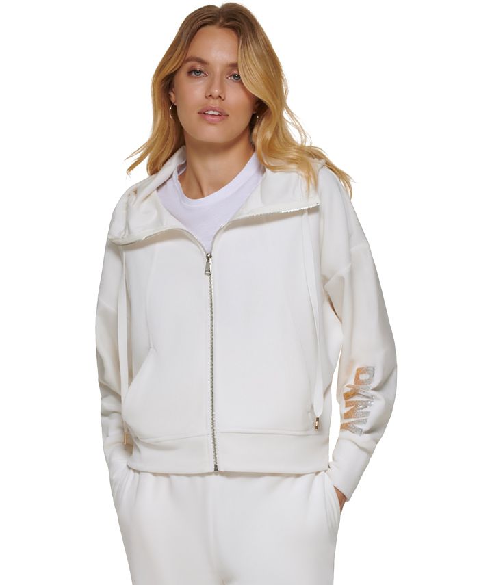 DKNY Womens White Hooded Zip Up Jacket