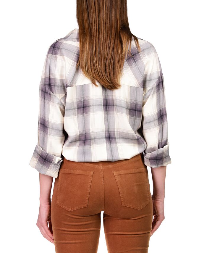 Queen Of Sparkles: Plaid Scattered Cowboy Boot Button Up Tunic in Pink/Purple (SP26710) main image 0
