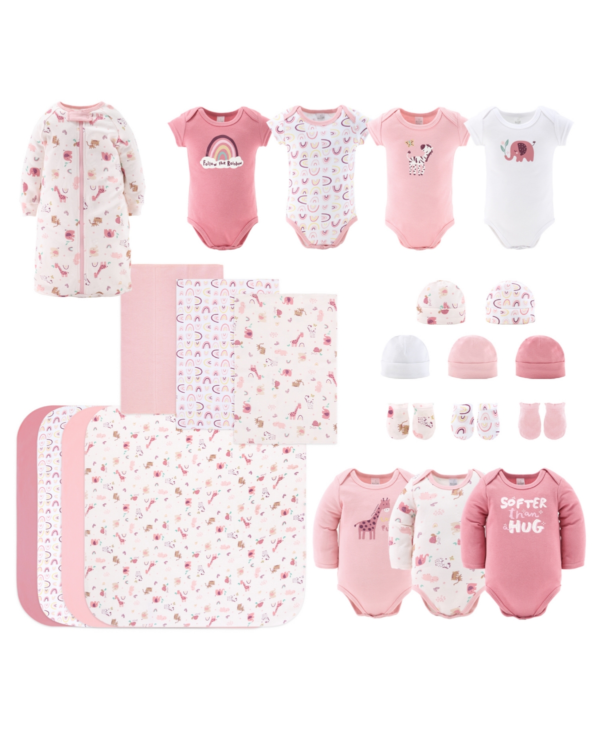 The Peanutshell Baby Girls Rainbow Safari Layette Gift, 23 Piece Set In Pink,white