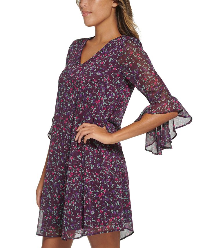 Calvin Klein Printed Ruffle-Sleeve Trapeze Dress - Macy's