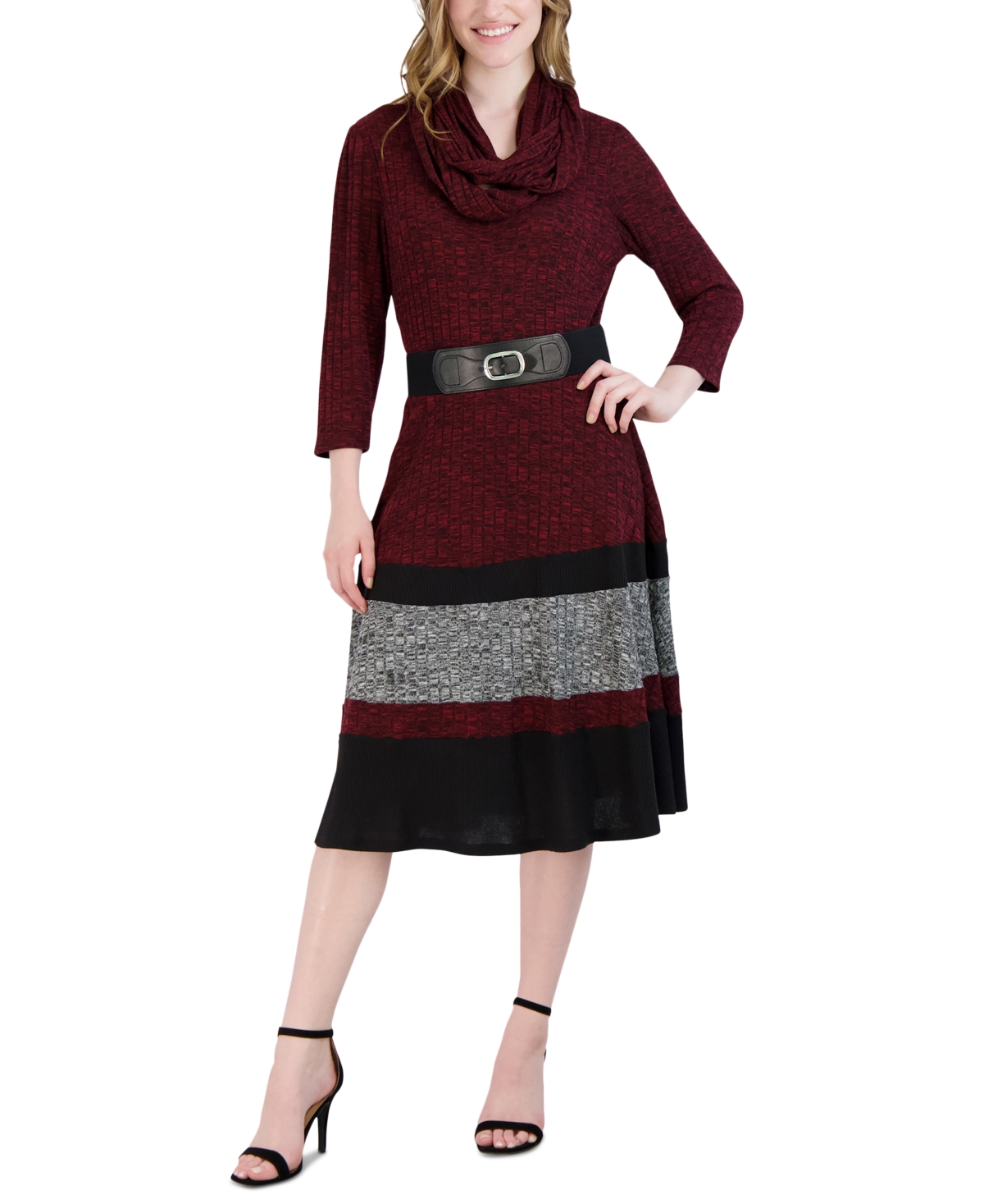 ROBBIE BEE PETITE BELTED COLORBLOCKED RIBBED-KNIT DRESS