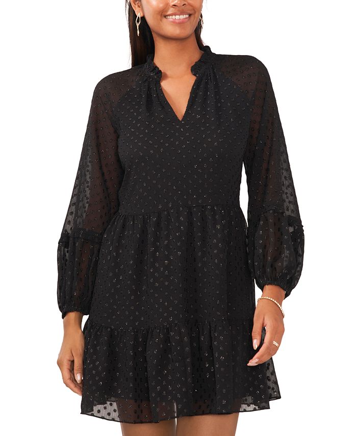 Black Mauve Shadown Long Sleeve Clip Dot Chiffon Dress With Smocked Waist and Cuffs