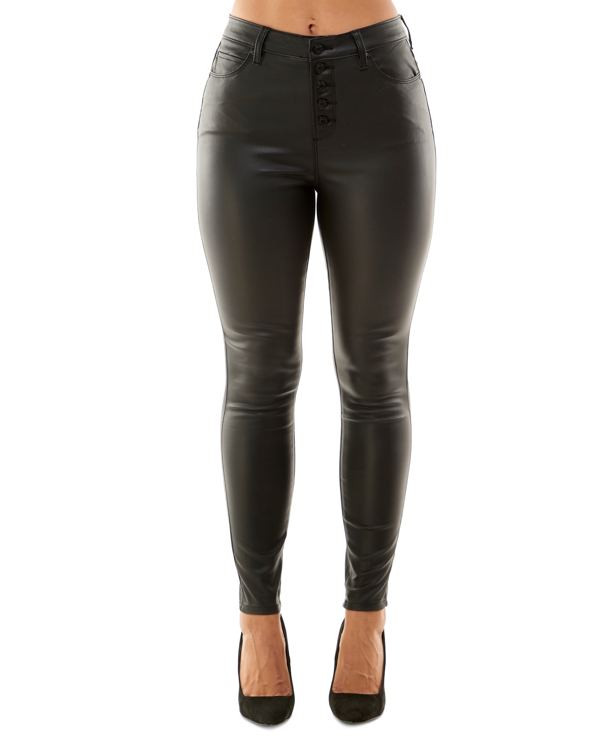 Almost Famous Crave Fame Juniors' Faux-Leather Exposed-Button High-Rise Skinny Jeans