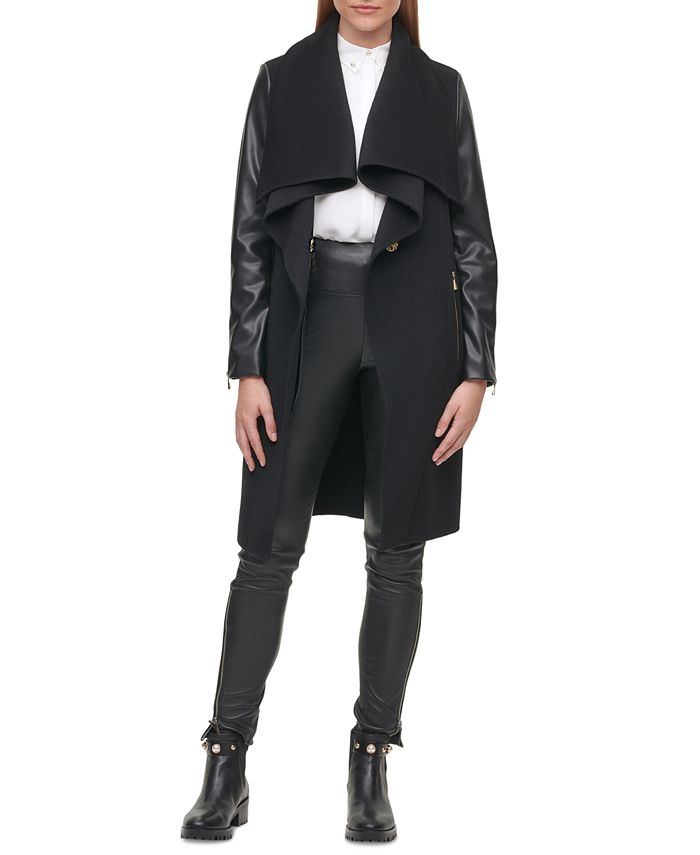 Karl Lagerfeld Paris Women's Draped Mixed-Media Coat & Reviews - Coats ...