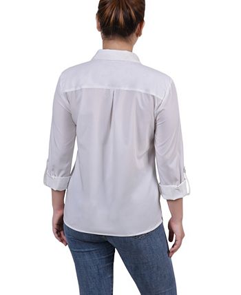 NY Collection Petite 3/4 Roll Tab Blouse with Pockets - Macy's