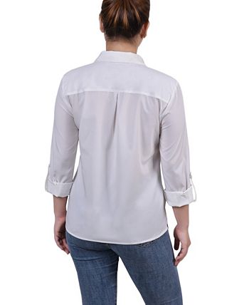 Black White Abstract Dot 3/4 Roll Tab Blouse With Pockets - Petite