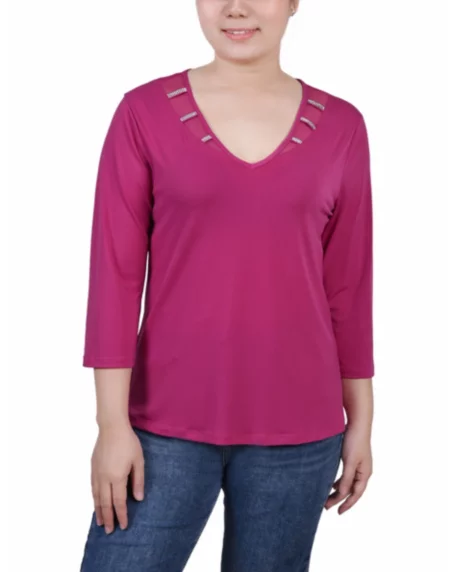 Petite 3/4 Sleeve Top with Illusion Neckline and Stones - Sangria