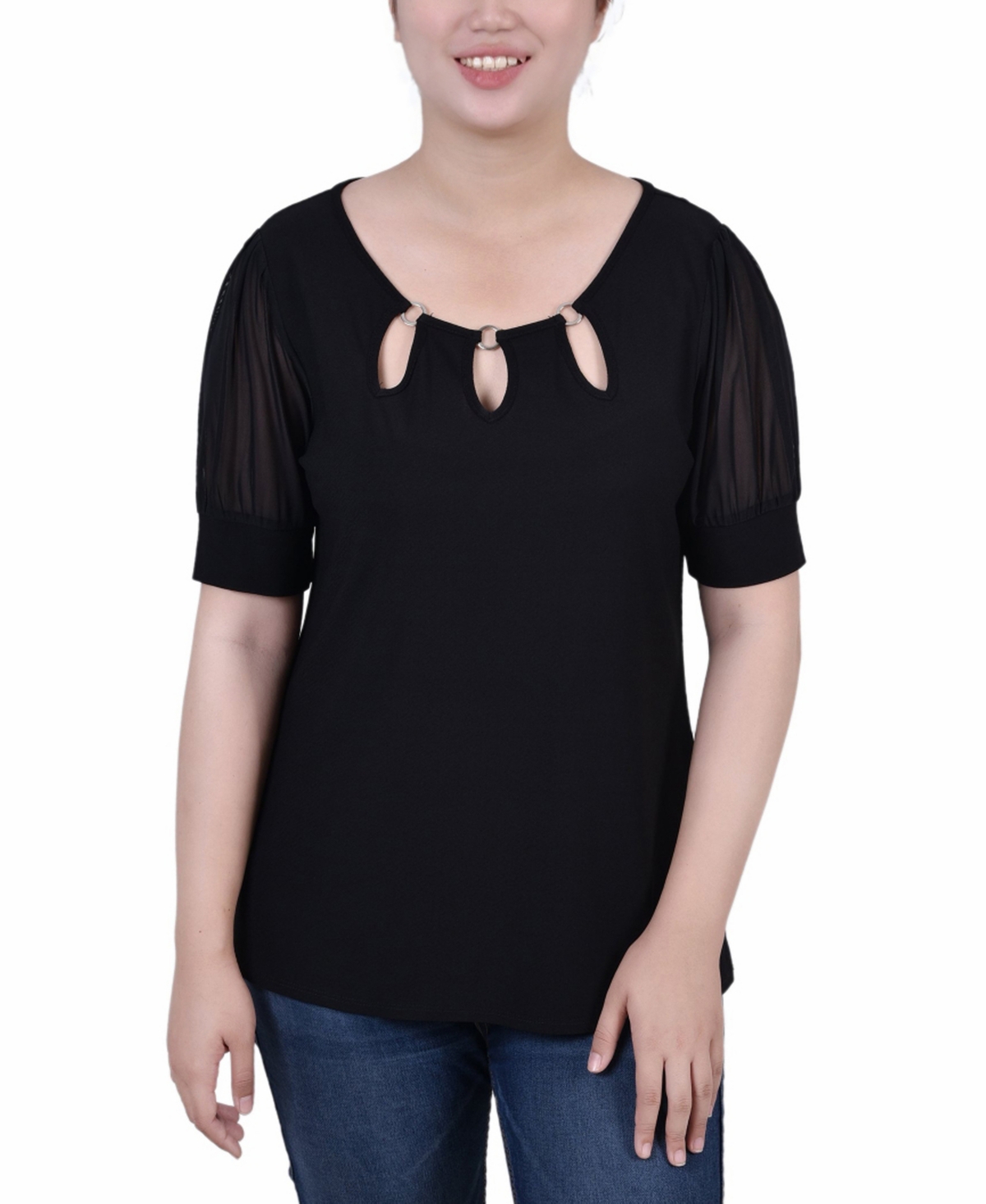 Petite Short Sleeve Three-Ring Top - Black
