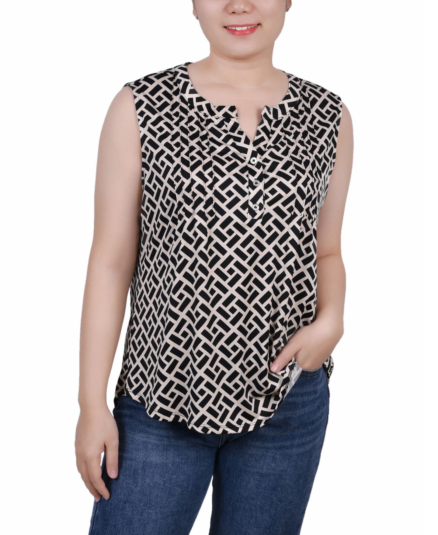 Женский топ NY Collection Petite Sleeveless Knit Y-neck, цвет: Чёрный — фото 1