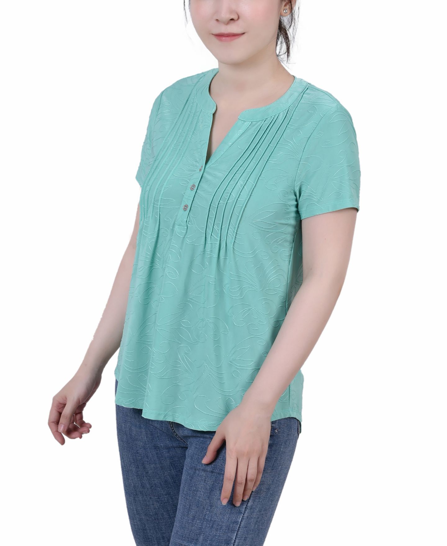 Женский топ NY Collection Petite Short Sleeve Y Neck Jacquard Knit, цвет: Bermuda — фото 3