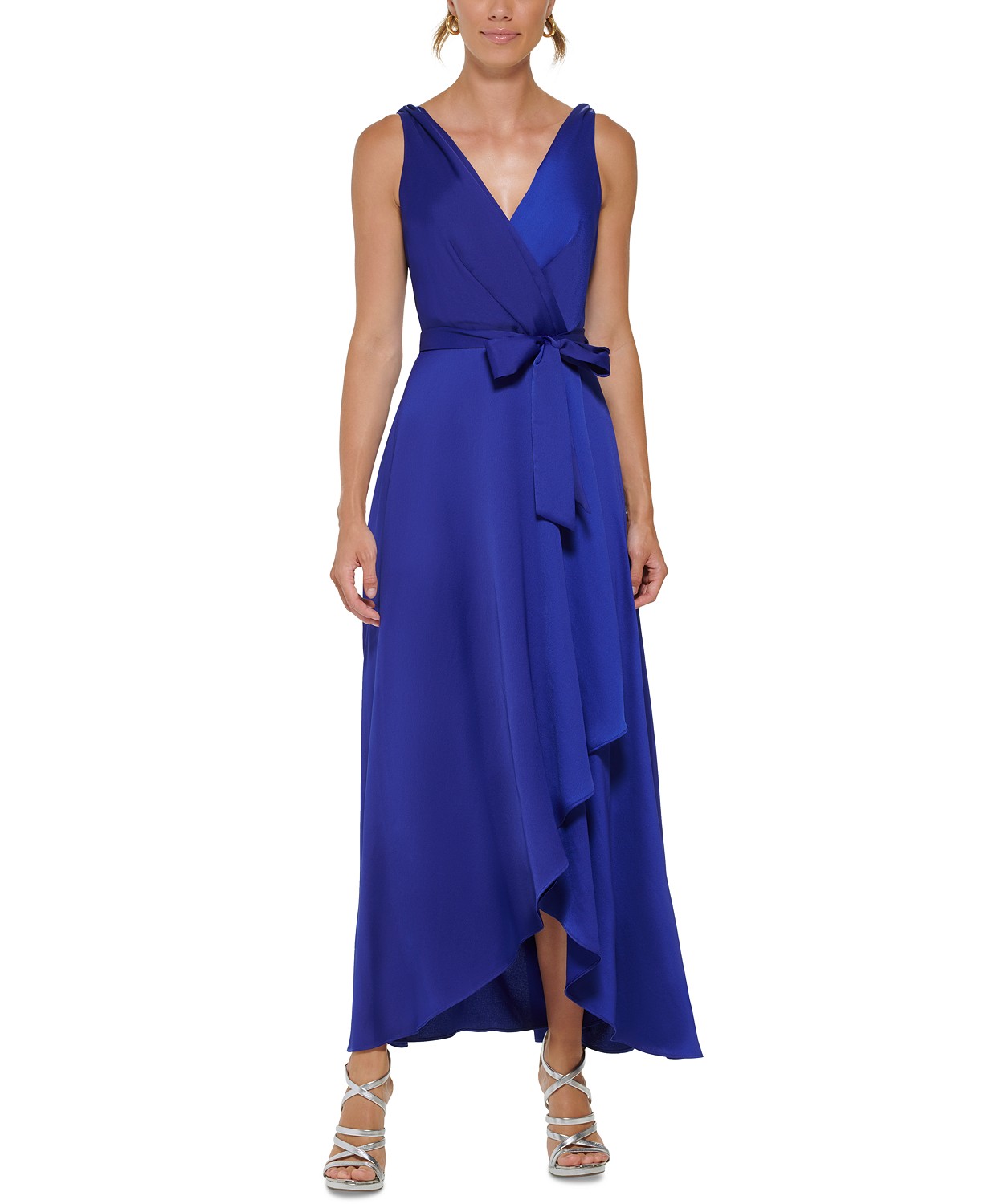 Womens Satin V-Neck Belted Faux-Wrap Gown