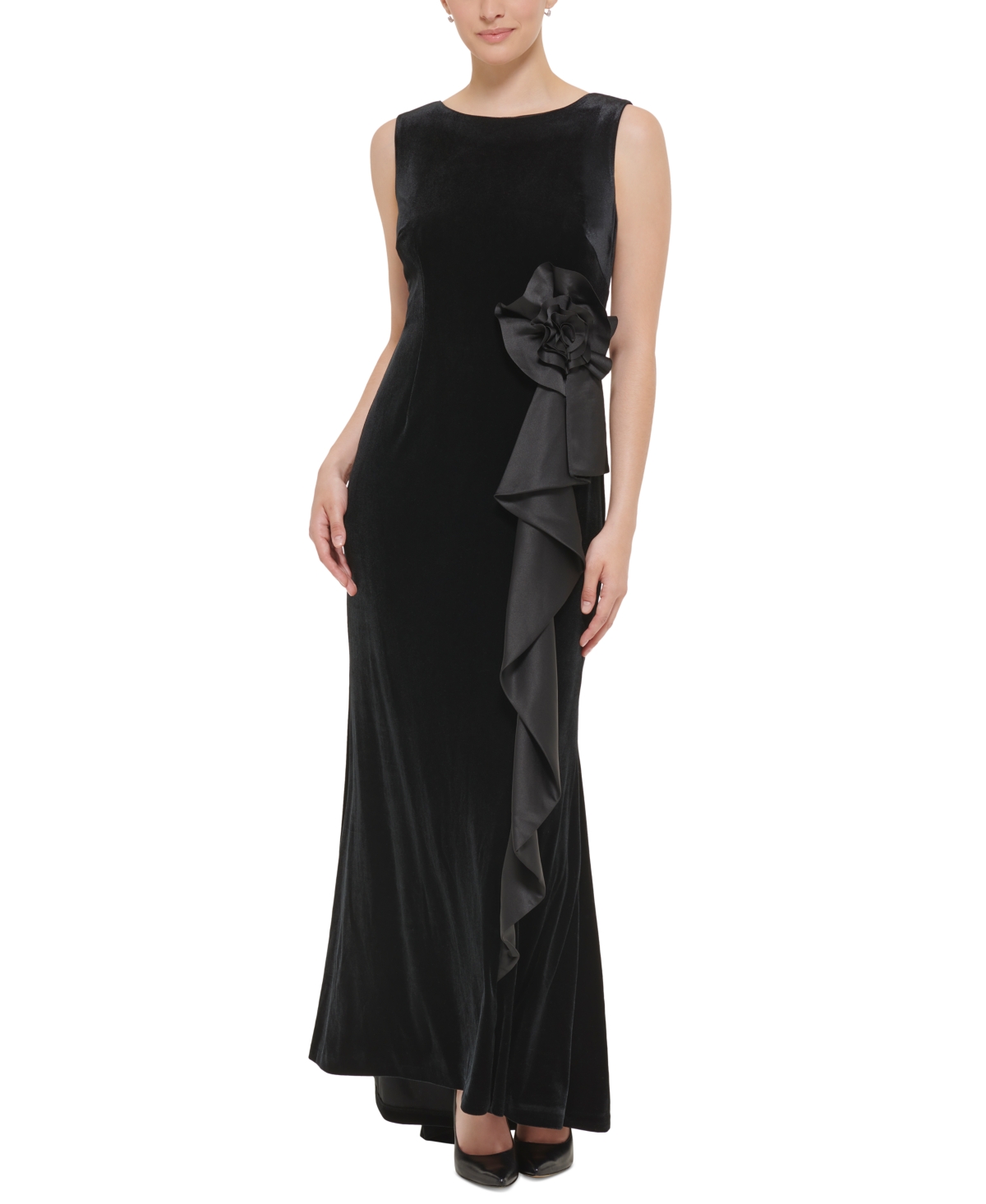 Vintage Evening Dresses, Vintage Formal Dresses Jessica Howard Petite Ruffle-Trim Velvet Sleeveless Dress $179.00 AT vintagedancer.com
