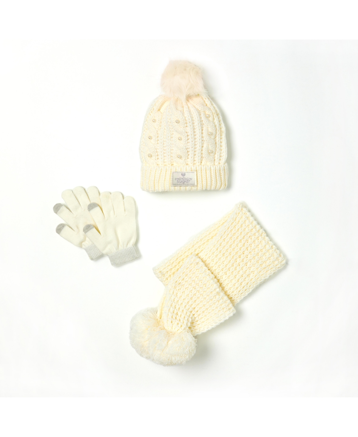 Inmocean Big Girls Imitation Pearl Cable Knit Hat, Gloves And Scarf, 3 Piece Set In Ivory