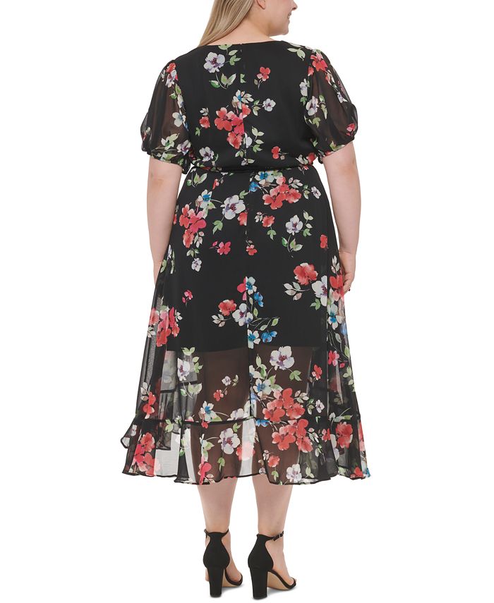 DKNY Plus Size Puff-Sleeve Ruffled Floral Chiffon Dress - Macy's